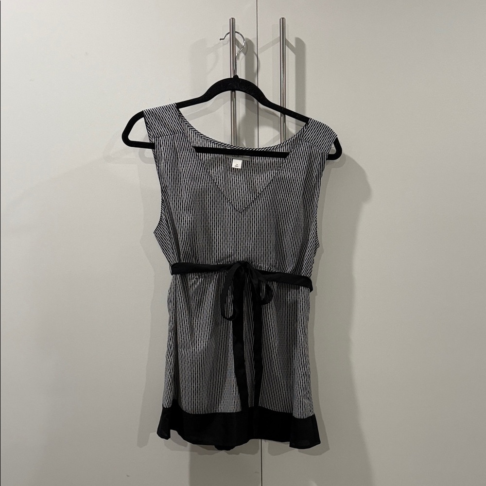 LOFT Black and White Striped Sleeveless Top with Waist Tie